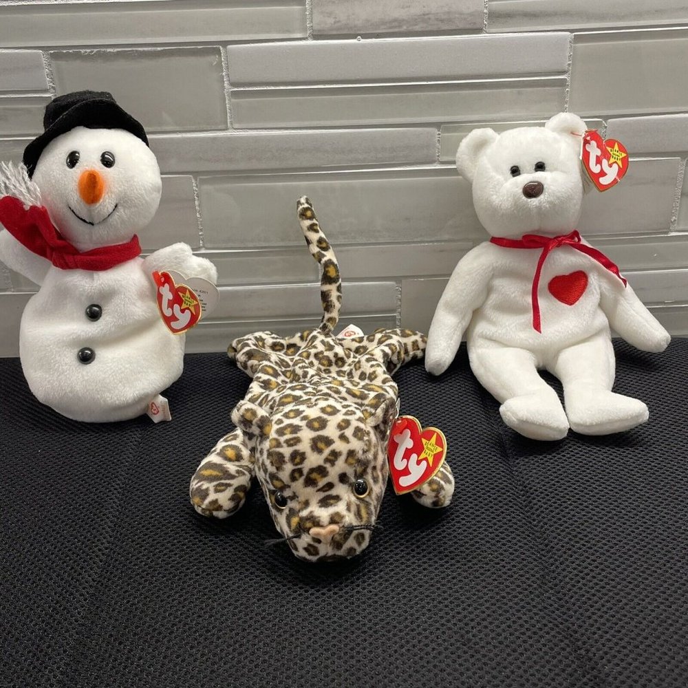 VTG Ty Beanie Babies - Snowball (1996) Freckles (1996) & Valentino (1994) - PVC